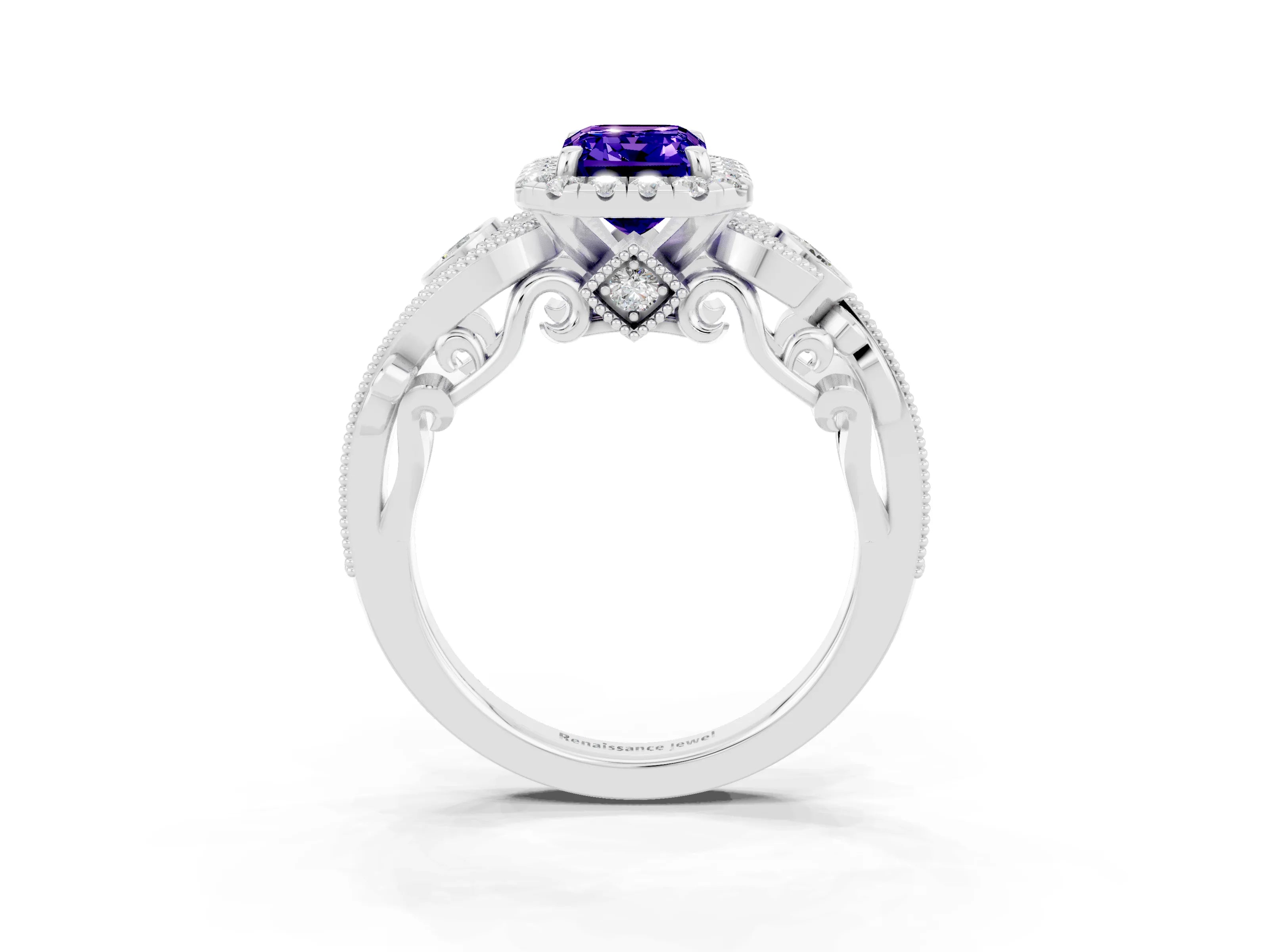 White gold Emerald Cut Tanzanite Halo Ring with Milgrain Pavé Band and Four-Prong Setting_15