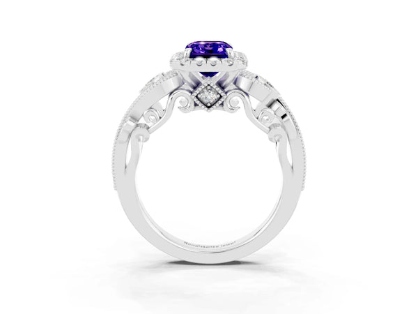Silver Emerald Cut Tanzanite Halo Ring with Milgrain Pavé Band and Four-Prong Setting