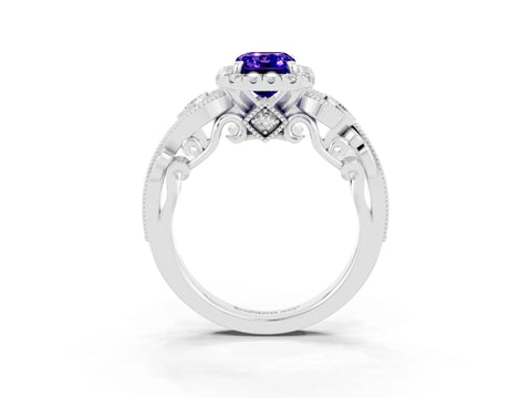 White gold Emerald Cut Tanzanite Halo Ring with Milgrain Pavé Band and Four-Prong Setting_15
