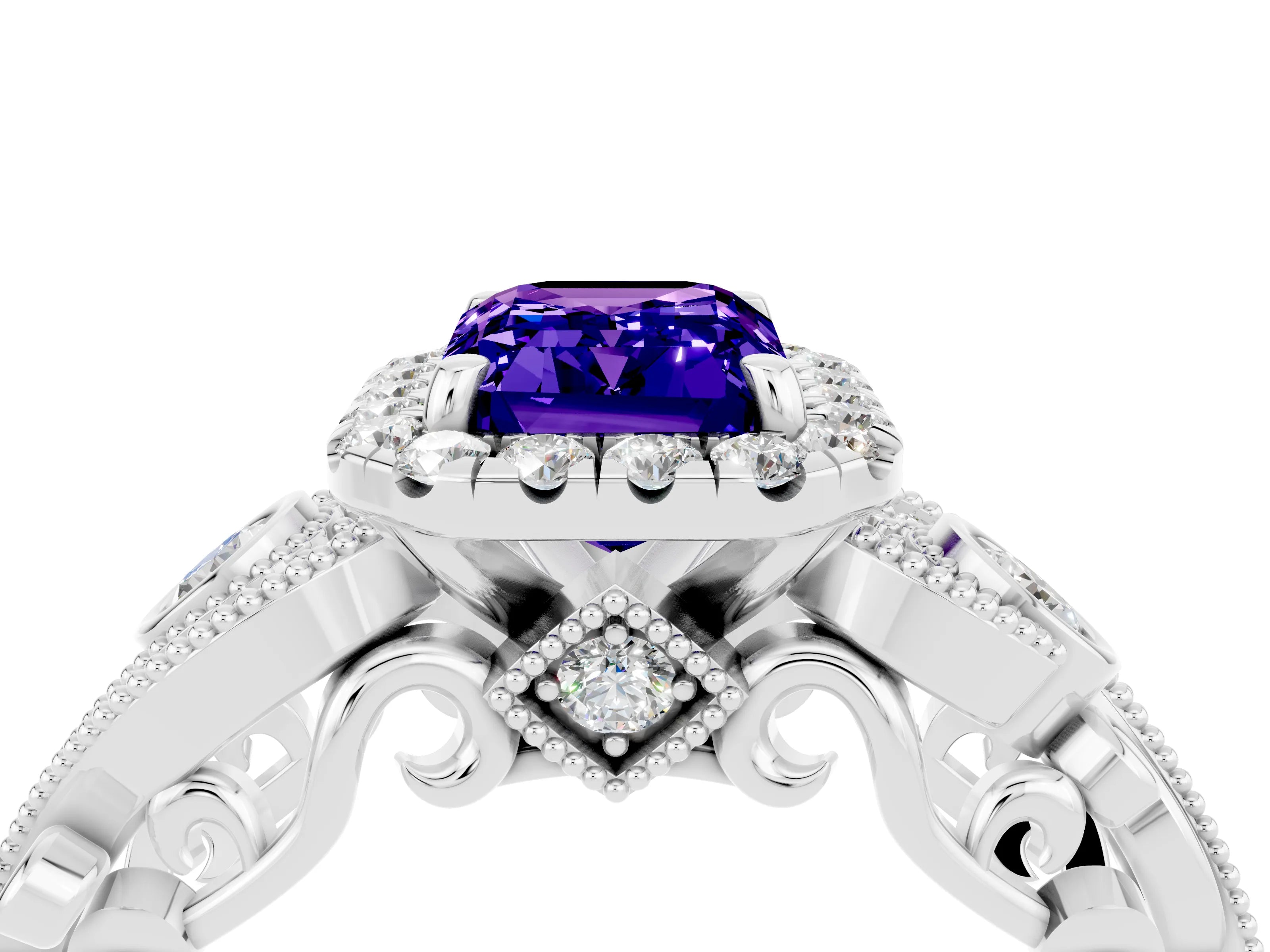 White gold Emerald Cut Tanzanite Halo Ring with Milgrain Pavé Band and Four-Prong Setting_16