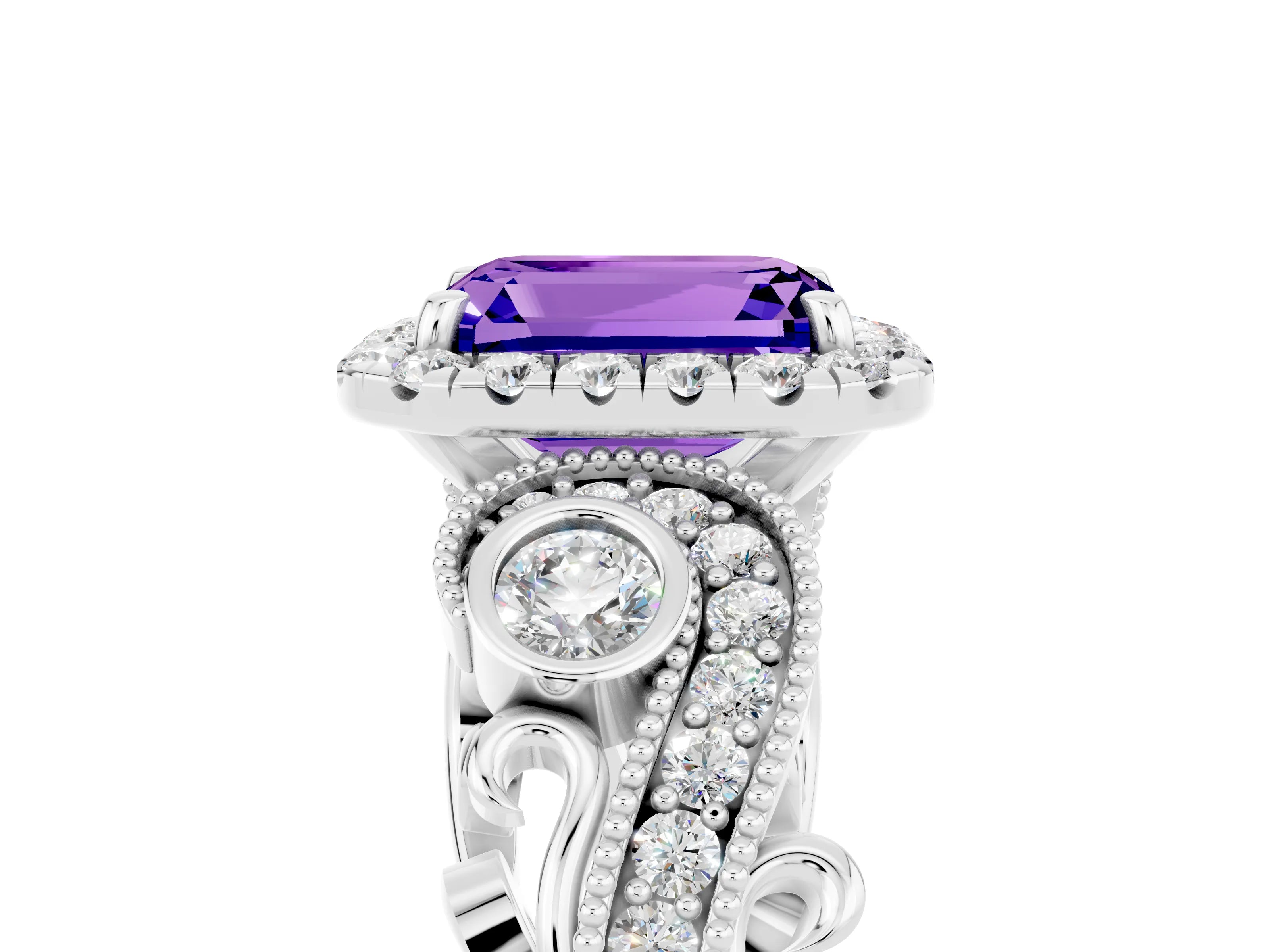 White gold Emerald Cut Tanzanite Halo Ring with Milgrain Pavé Band and Four-Prong Setting_17