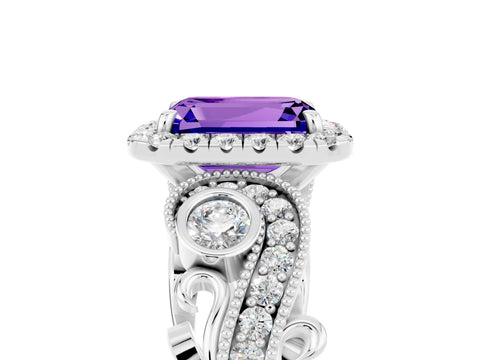 White gold Emerald Cut Tanzanite Halo Ring with Milgrain Pavé Band and Four-Prong Setting_17