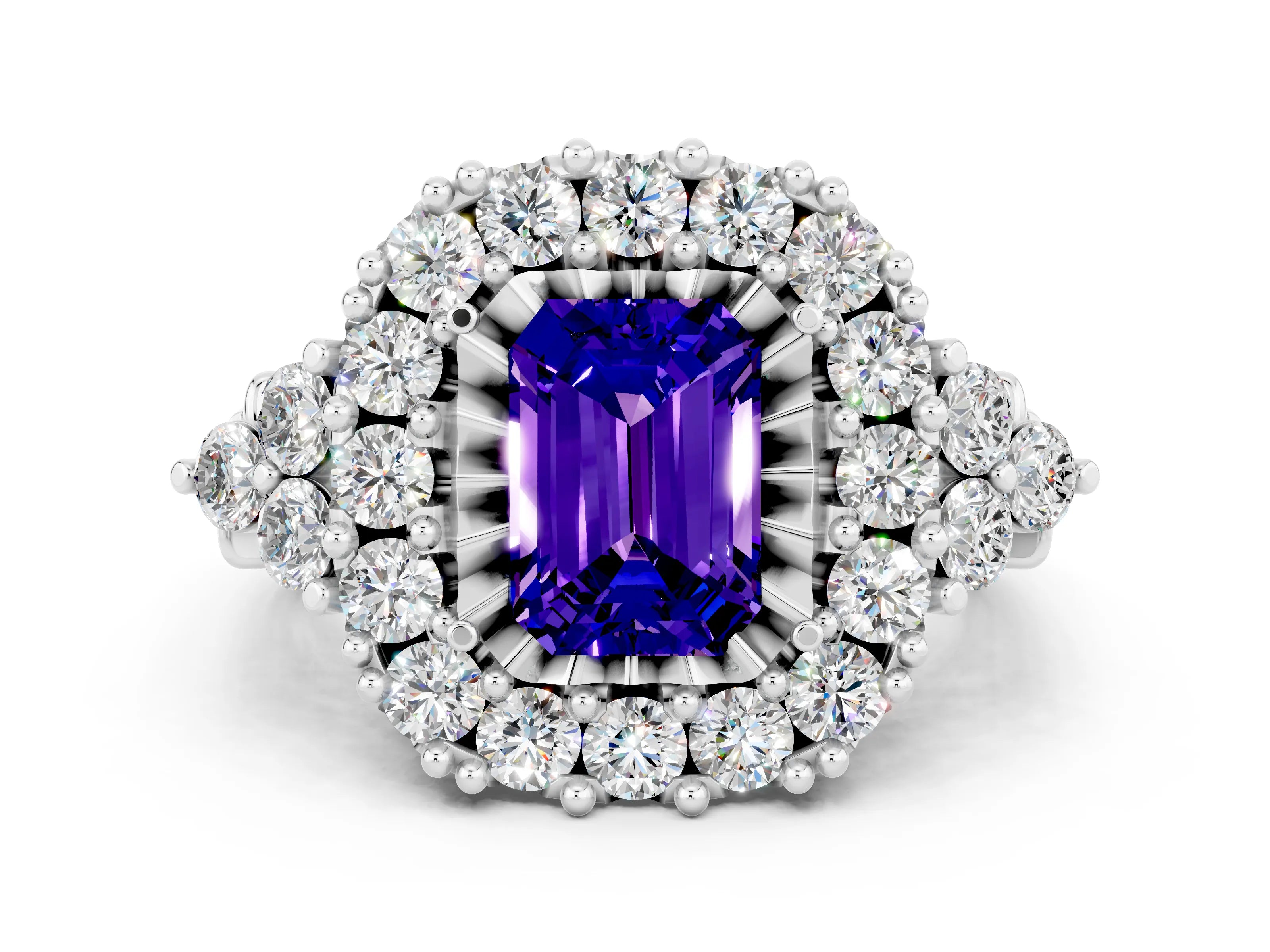White gold Emerald Cut Tanzanite Halo Ring with Pavé Band and Four-Prong Setting_12
