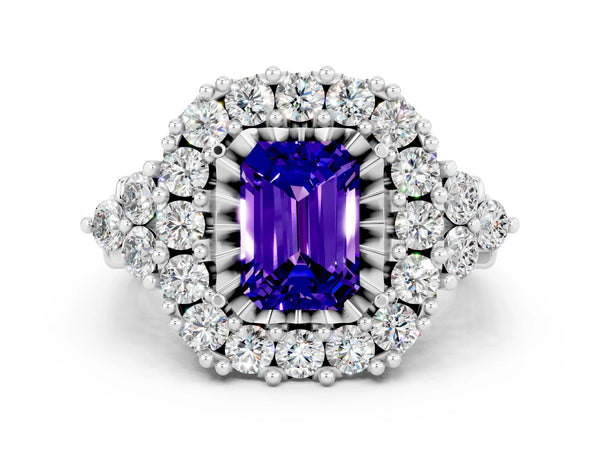 White gold Emerald Cut Tanzanite Halo Ring with Pavé Band and Four-Prong Setting