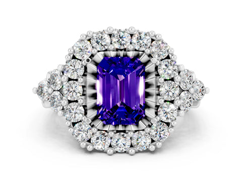 White gold Emerald Cut Tanzanite Halo Ring with Pavé Band and Four-Prong Setting_12
