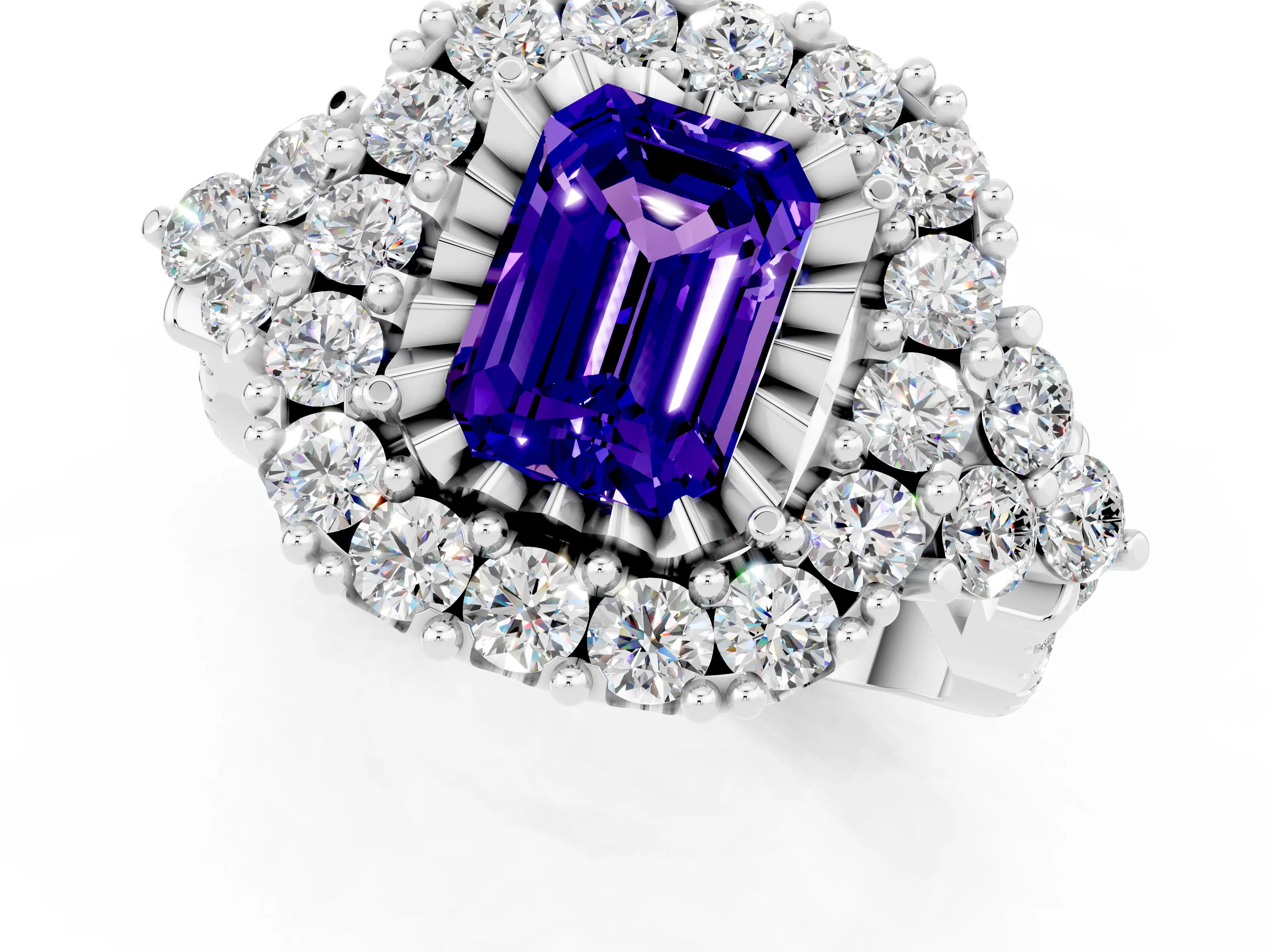 White gold Emerald Cut Tanzanite Halo Ring with Pavé Band and Four-Prong Setting_13