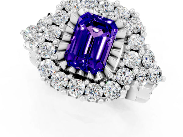 Silver Emerald Cut Tanzanite Halo Ring with Pavé Band and Four-Prong Setting