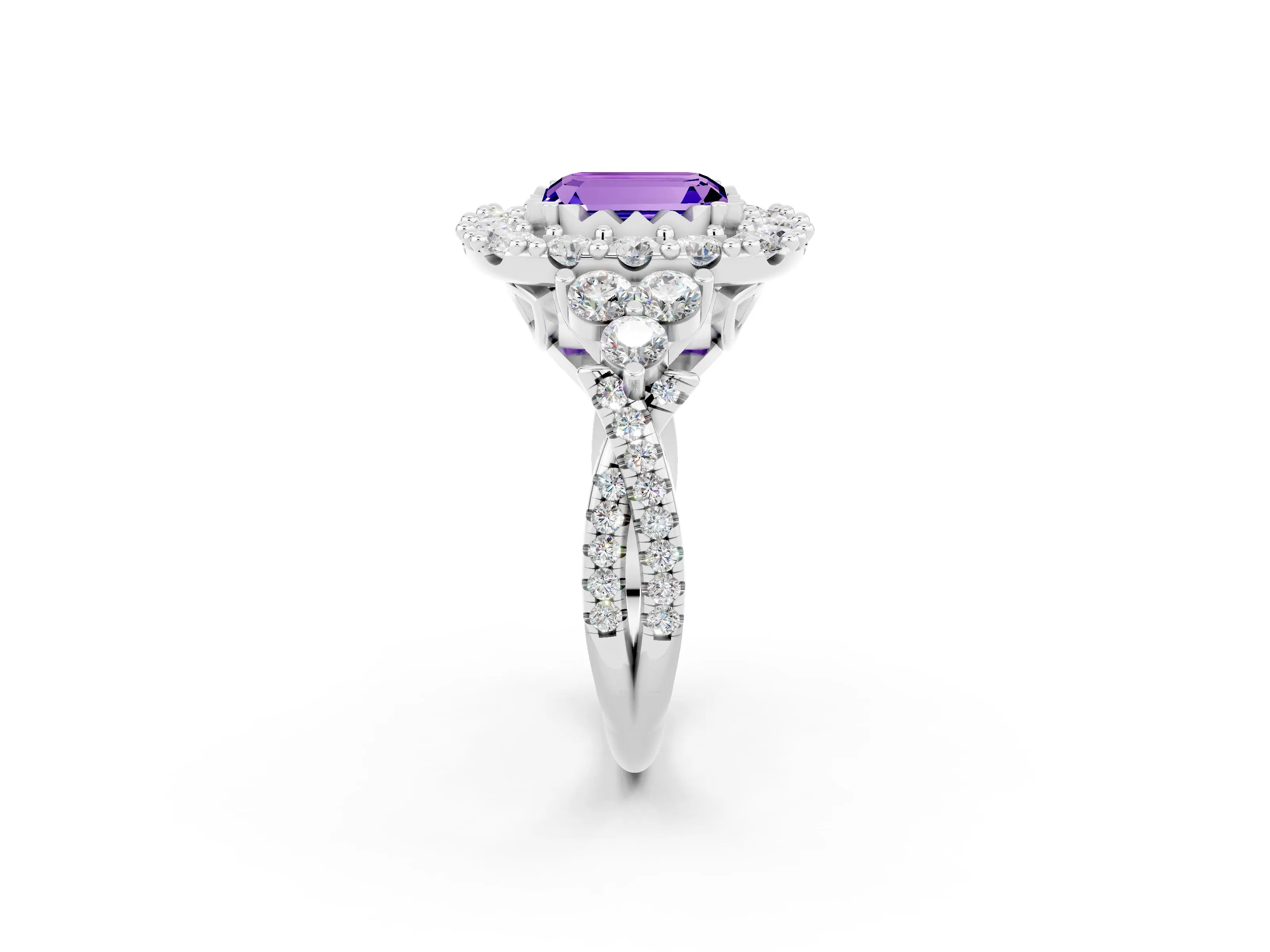 White gold Emerald Cut Tanzanite Halo Ring with Pavé Band and Four-Prong Setting_14