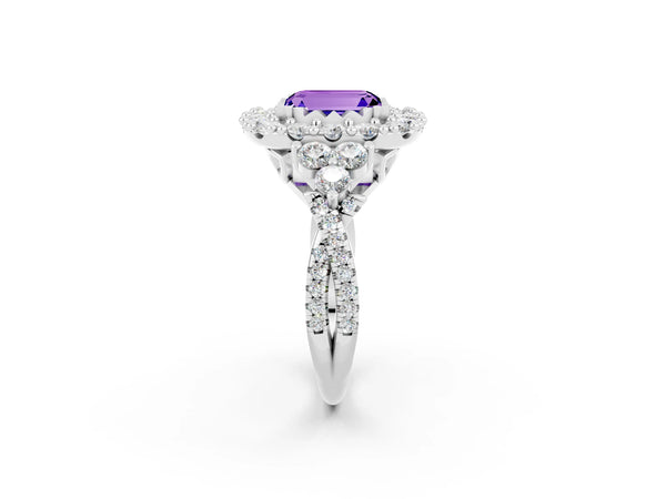 Platinum Emerald Cut Tanzanite Halo Ring with Pavé Band and Four-Prong Setting