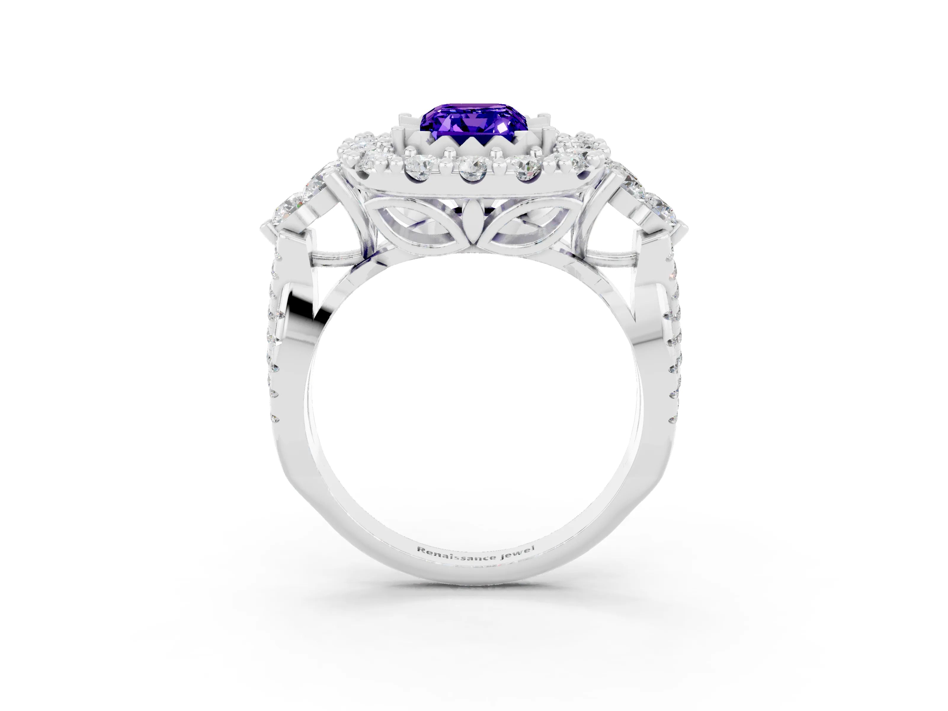 White gold Emerald Cut Tanzanite Halo Ring with Pavé Band and Four-Prong Setting_15