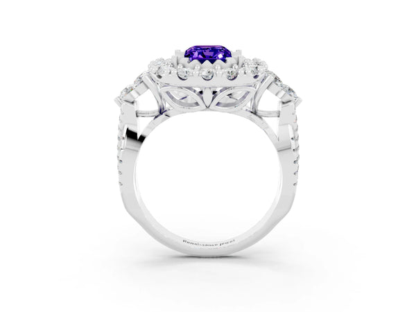 Platinum Emerald Cut Tanzanite Halo Ring with Pavé Band and Four-Prong Setting