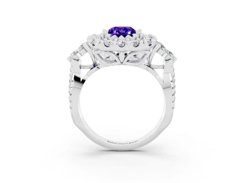 White gold Emerald Cut Tanzanite Halo Ring with Pavé Band and Four-Prong Setting_15