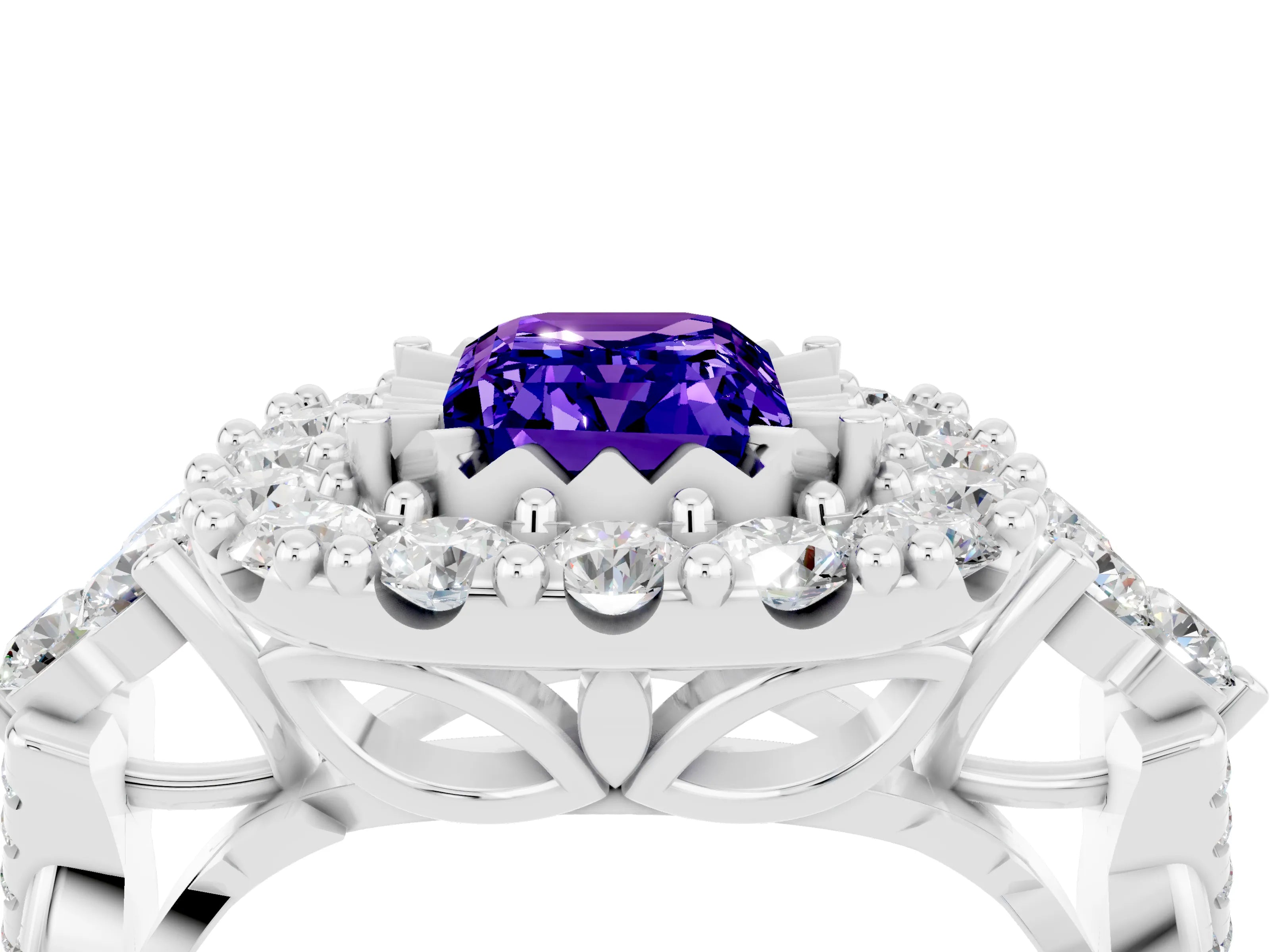 White gold Emerald Cut Tanzanite Halo Ring with Pavé Band and Four-Prong Setting_16
