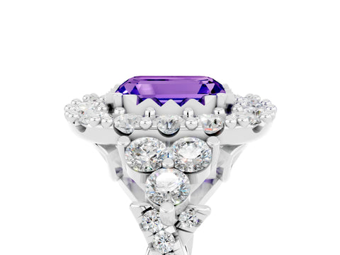 White gold Emerald Cut Tanzanite Halo Ring with Pavé Band and Four-Prong Setting_17