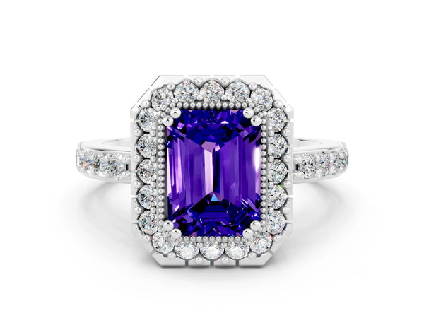 Platinum Emerald Cut Tanzanite Halo Ring with Pavé Band and Prong Setting