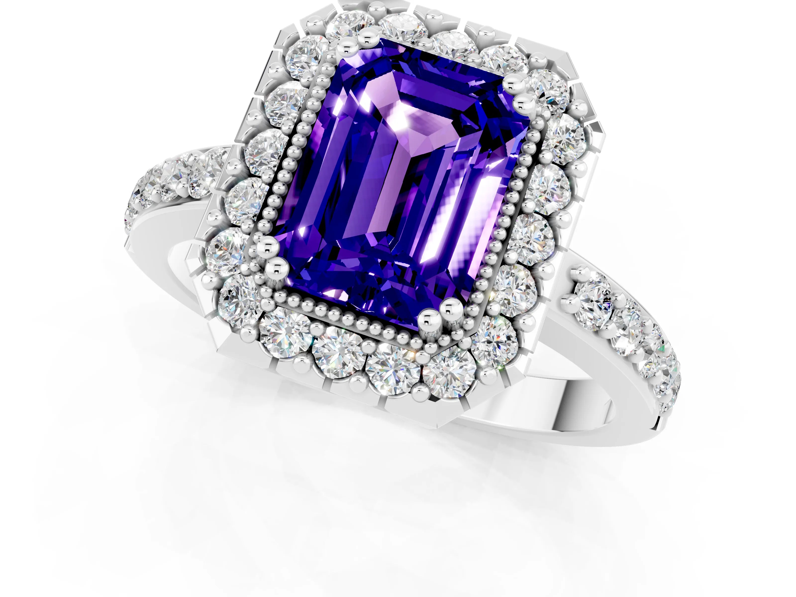 White gold Emerald Cut Tanzanite Halo Ring with Pavé Band and Prong Setting_1