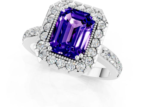 White gold Emerald Cut Tanzanite Halo Ring with Pavé Band and Prong Setting_1