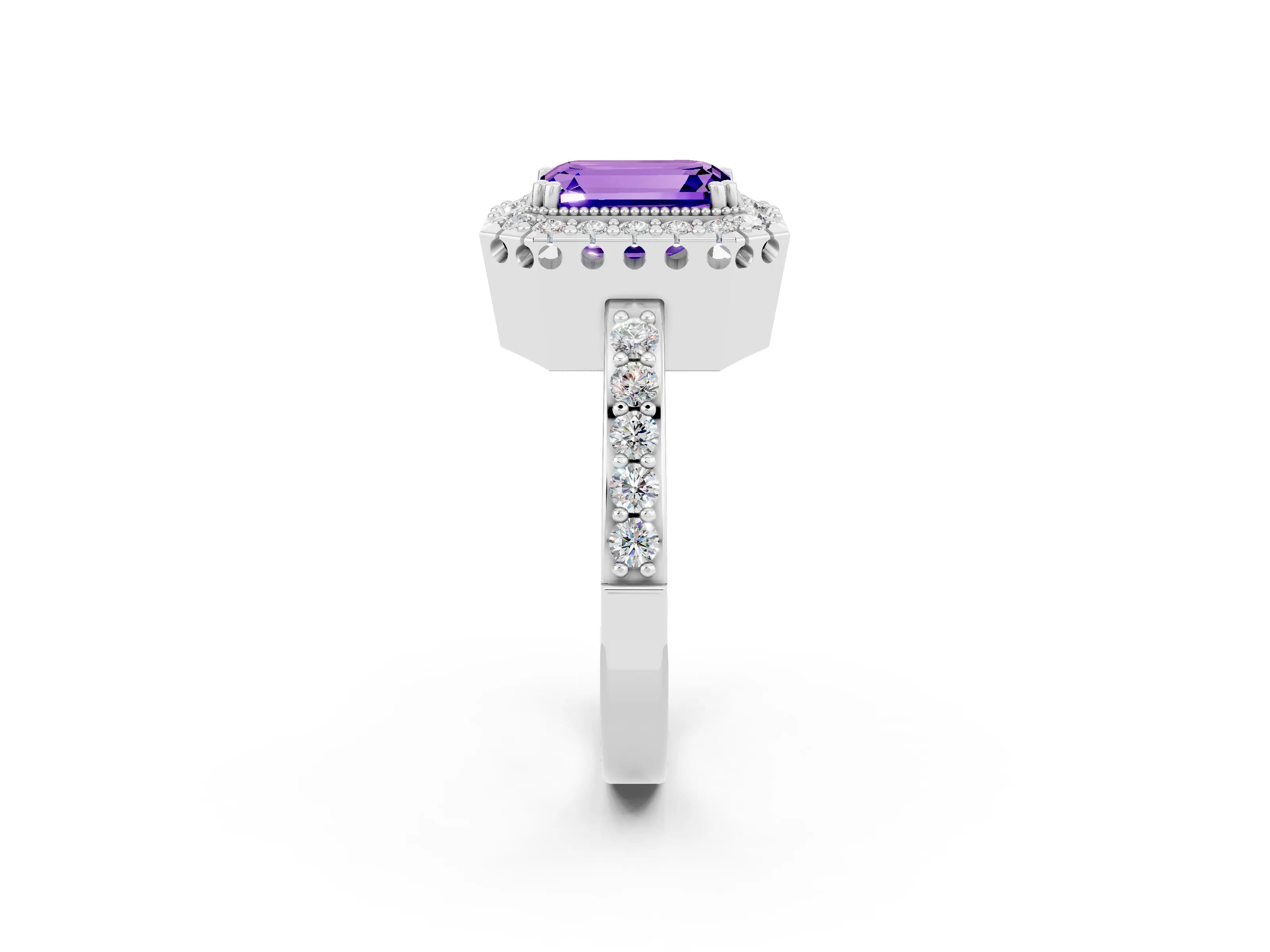 White gold Emerald Cut Tanzanite Halo Ring with Pavé Band and Prong Setting_2