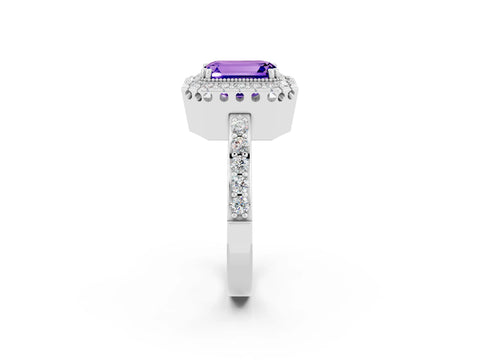 White gold Emerald Cut Tanzanite Halo Ring with Pavé Band and Prong Setting_2