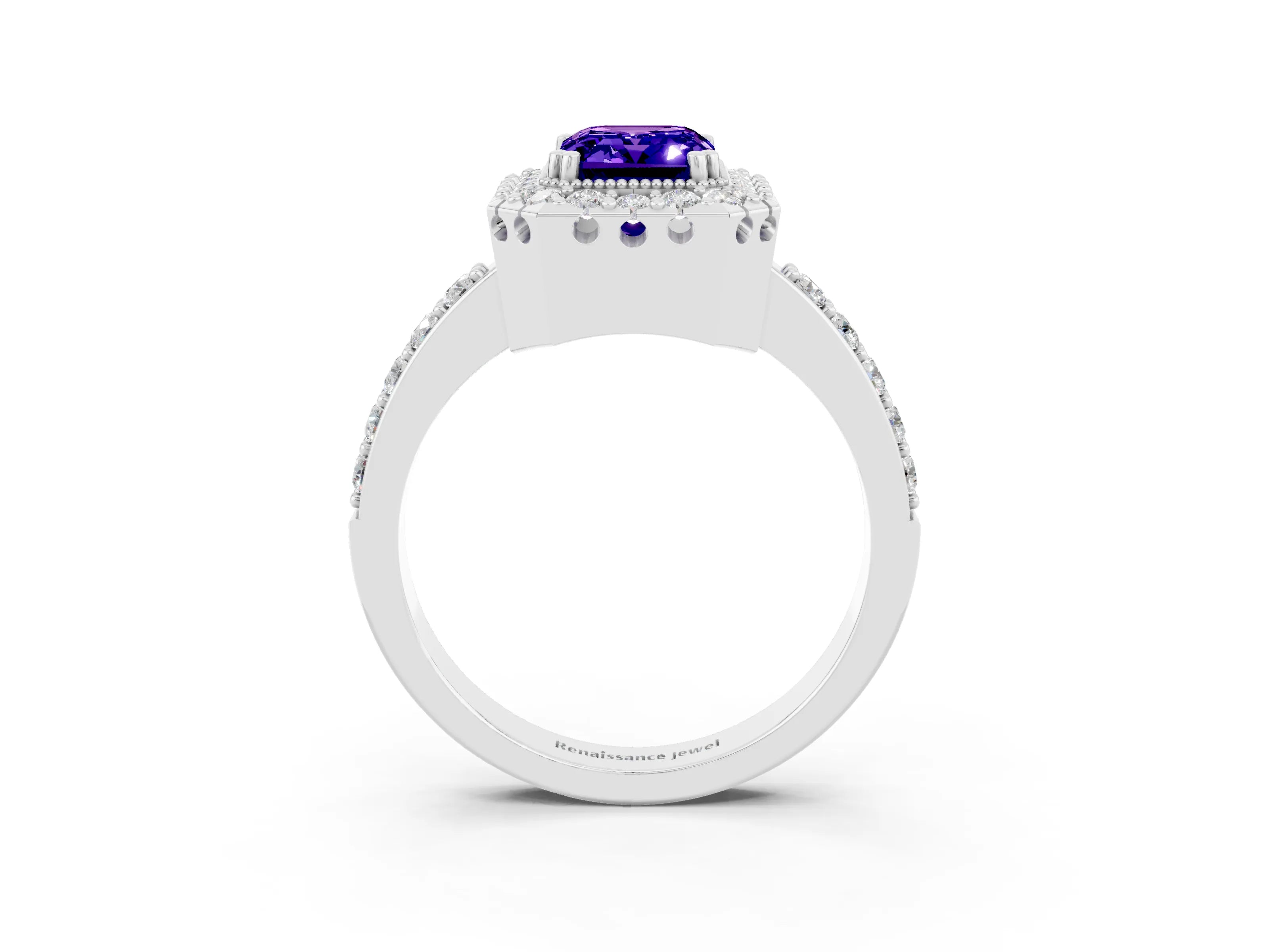 White gold Emerald Cut Tanzanite Halo Ring with Pavé Band and Prong Setting_3