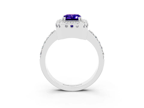 White gold Emerald Cut Tanzanite Halo Ring with Pavé Band and Prong Setting_3