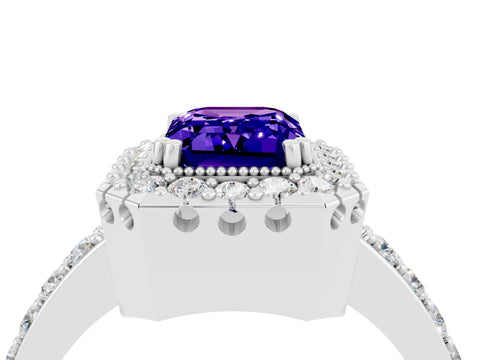 White gold Emerald Cut Tanzanite Halo Ring with Pavé Band and Prong Setting_4