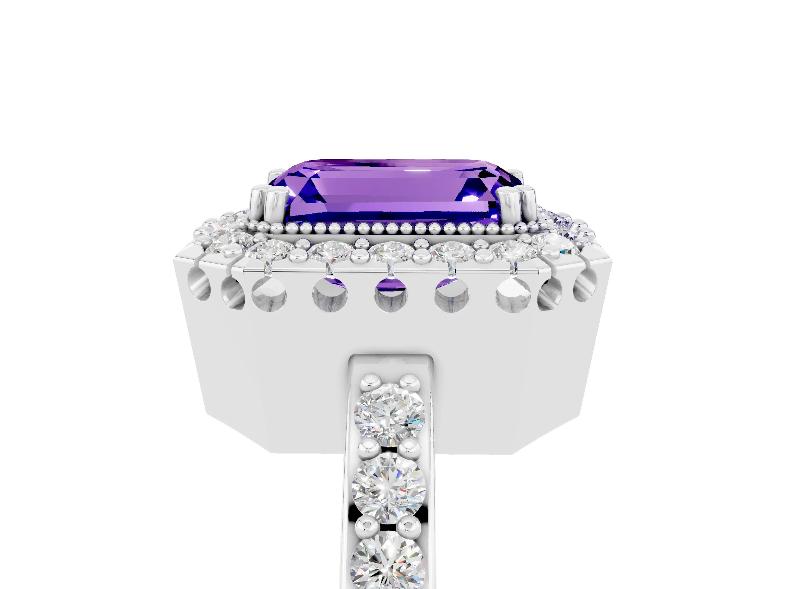 White gold Emerald Cut Tanzanite Halo Ring with Pavé Band and Prong Setting_5