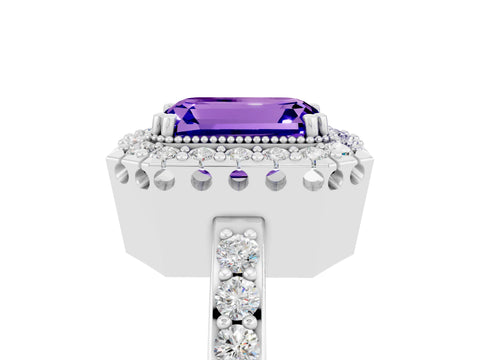 White gold Emerald Cut Tanzanite Halo Ring with Pavé Band and Prong Setting_5