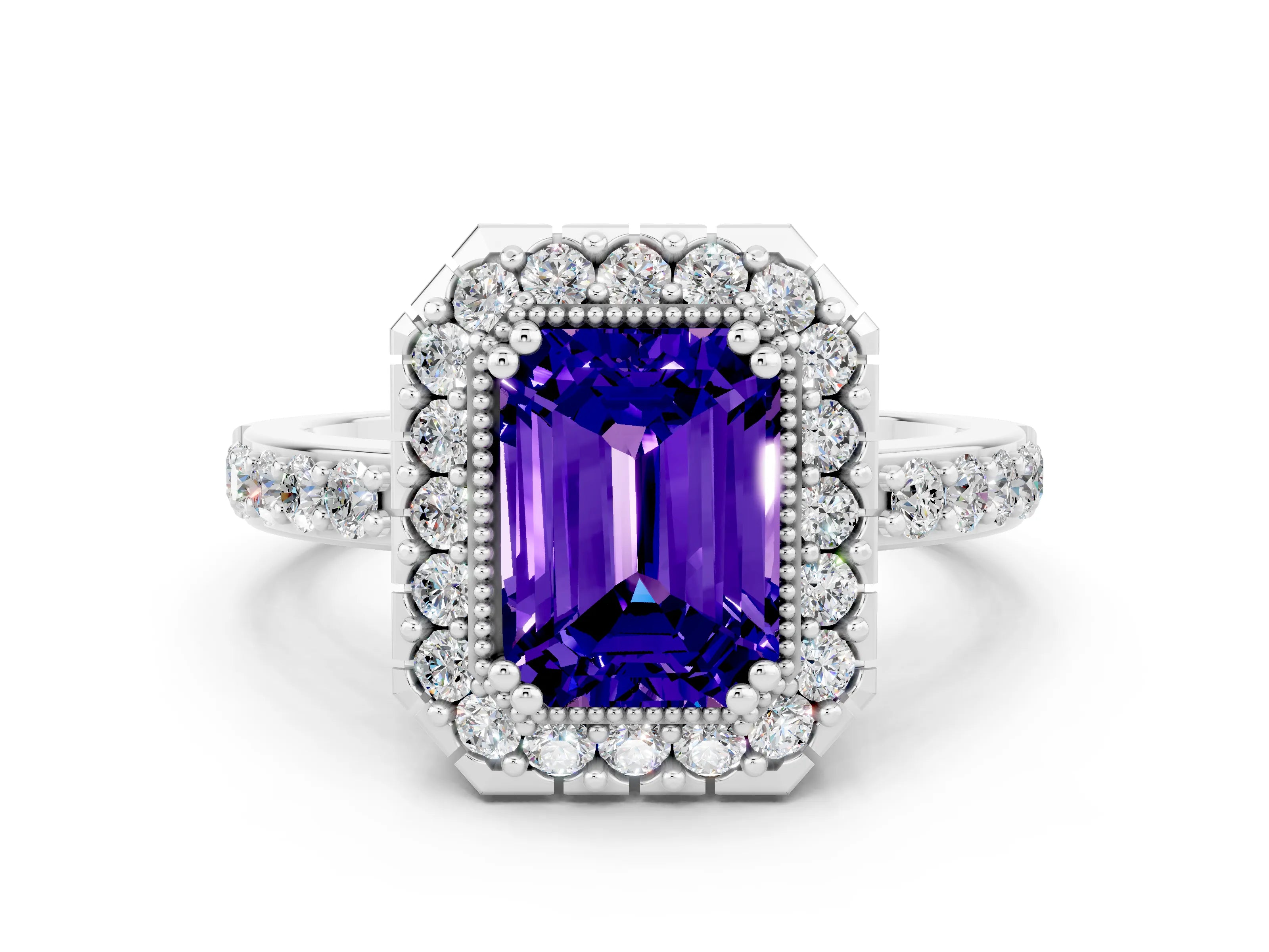 White gold Emerald Cut Tanzanite Halo Ring with Pavé Band and Prong Setting