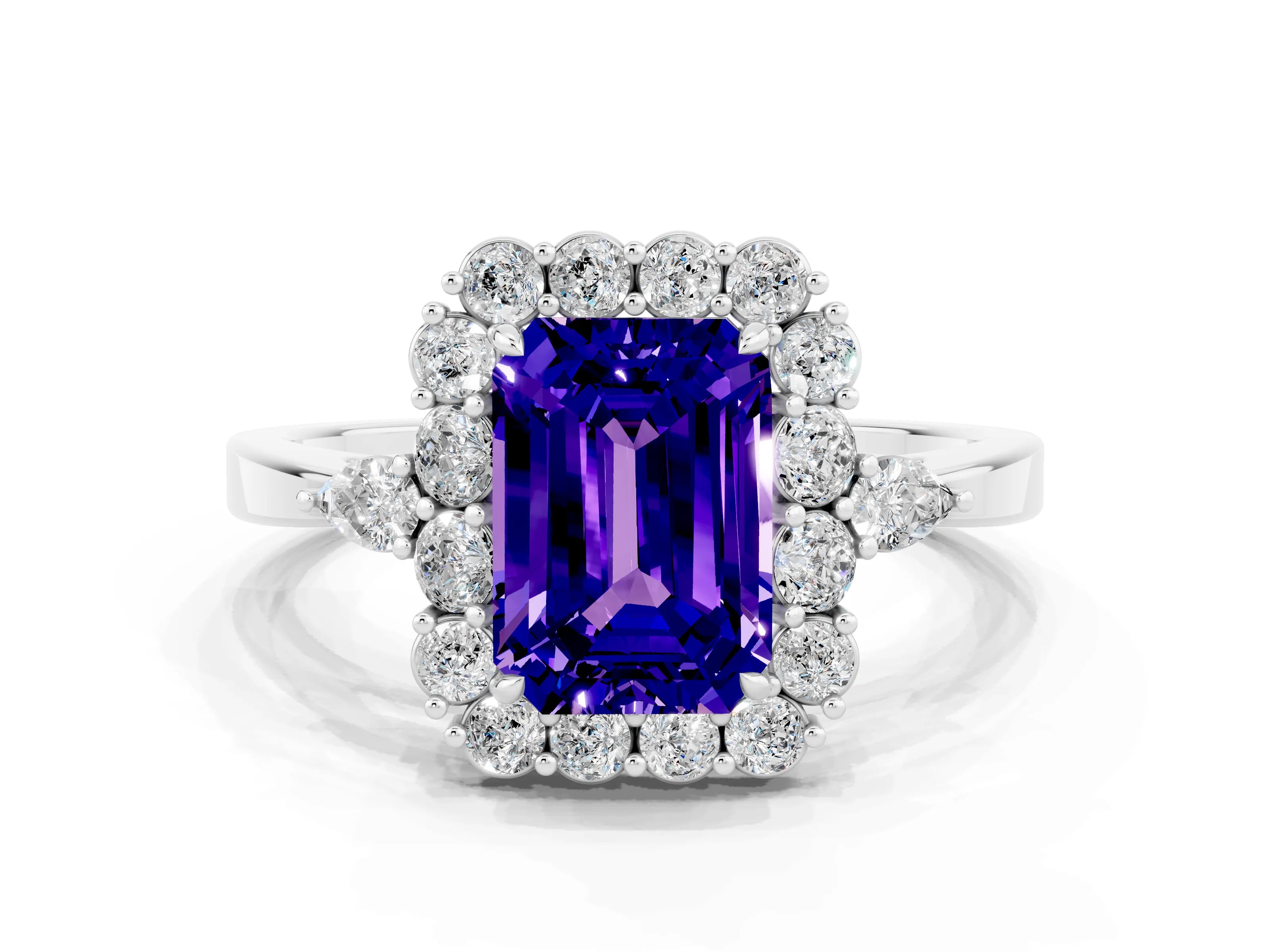 White gold Emerald Cut Tanzanite Halo Ring with Pear Side Stones and Prong Setting_24