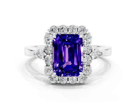 White gold Emerald Cut Tanzanite Halo Ring with Pear Side Stones and Prong Setting_24