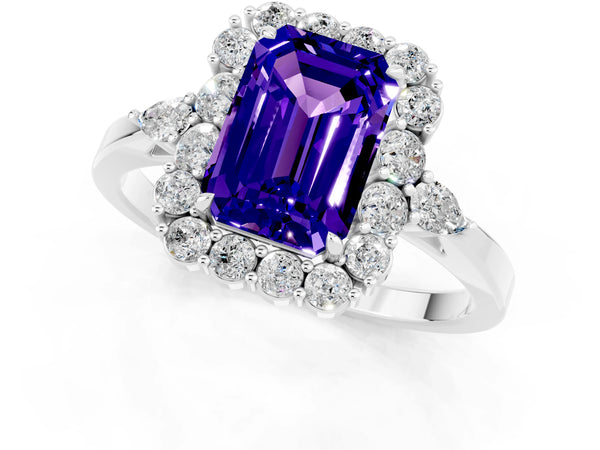 Silver Emerald Cut Tanzanite Halo Ring with Pear Side Stones and Prong Setting