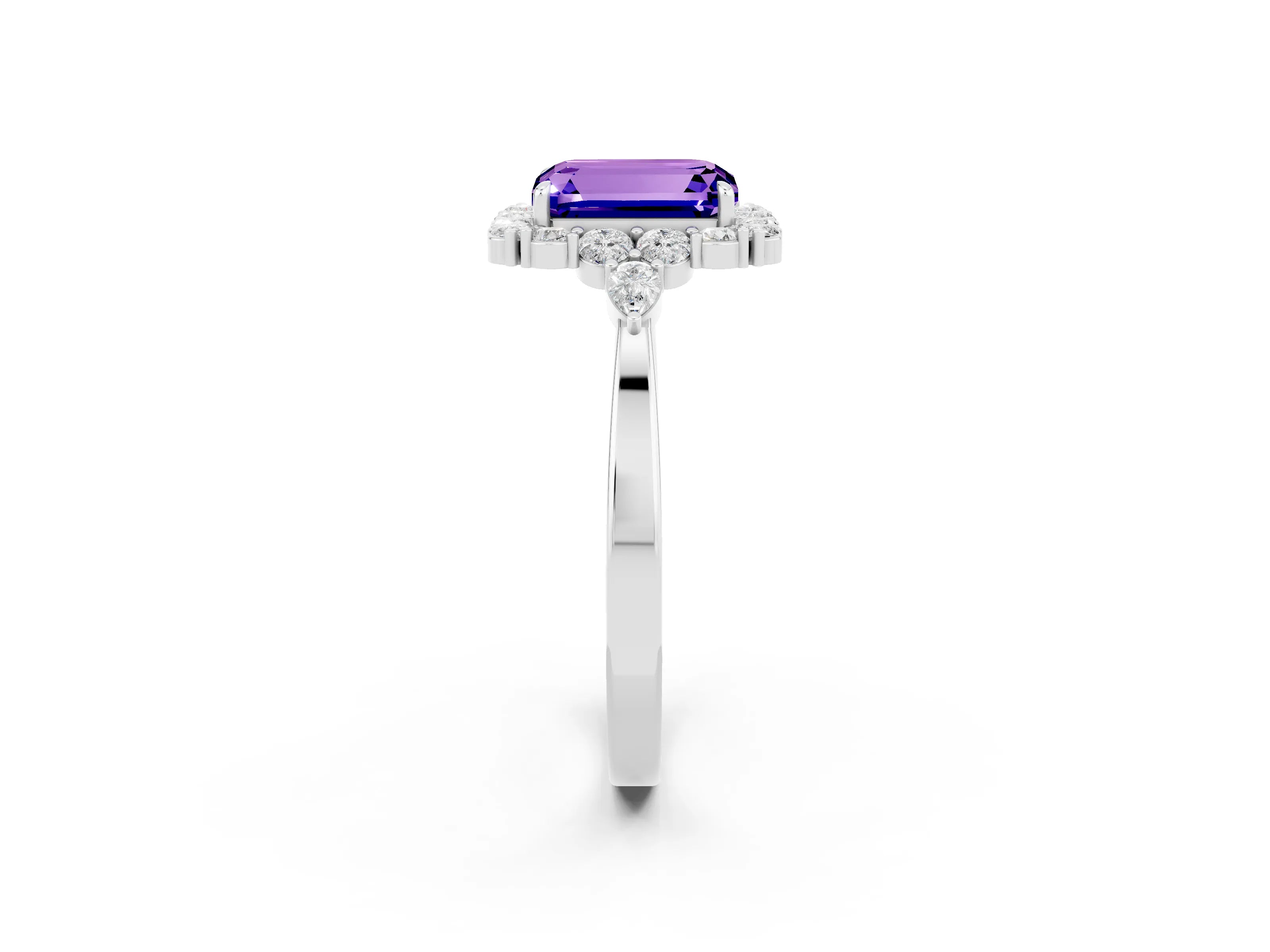 White gold Emerald Cut Tanzanite Halo Ring with Pear Side Stones and Prong Setting_26