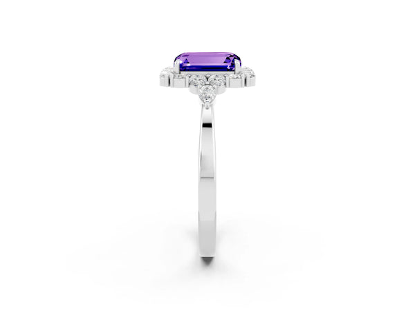 Silver Emerald Cut Tanzanite Halo Ring with Pear Side Stones and Prong Setting