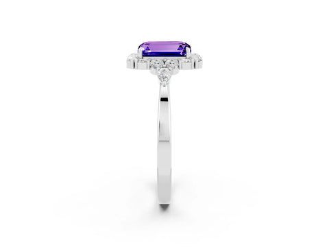 White gold Emerald Cut Tanzanite Halo Ring with Pear Side Stones and Prong Setting_26