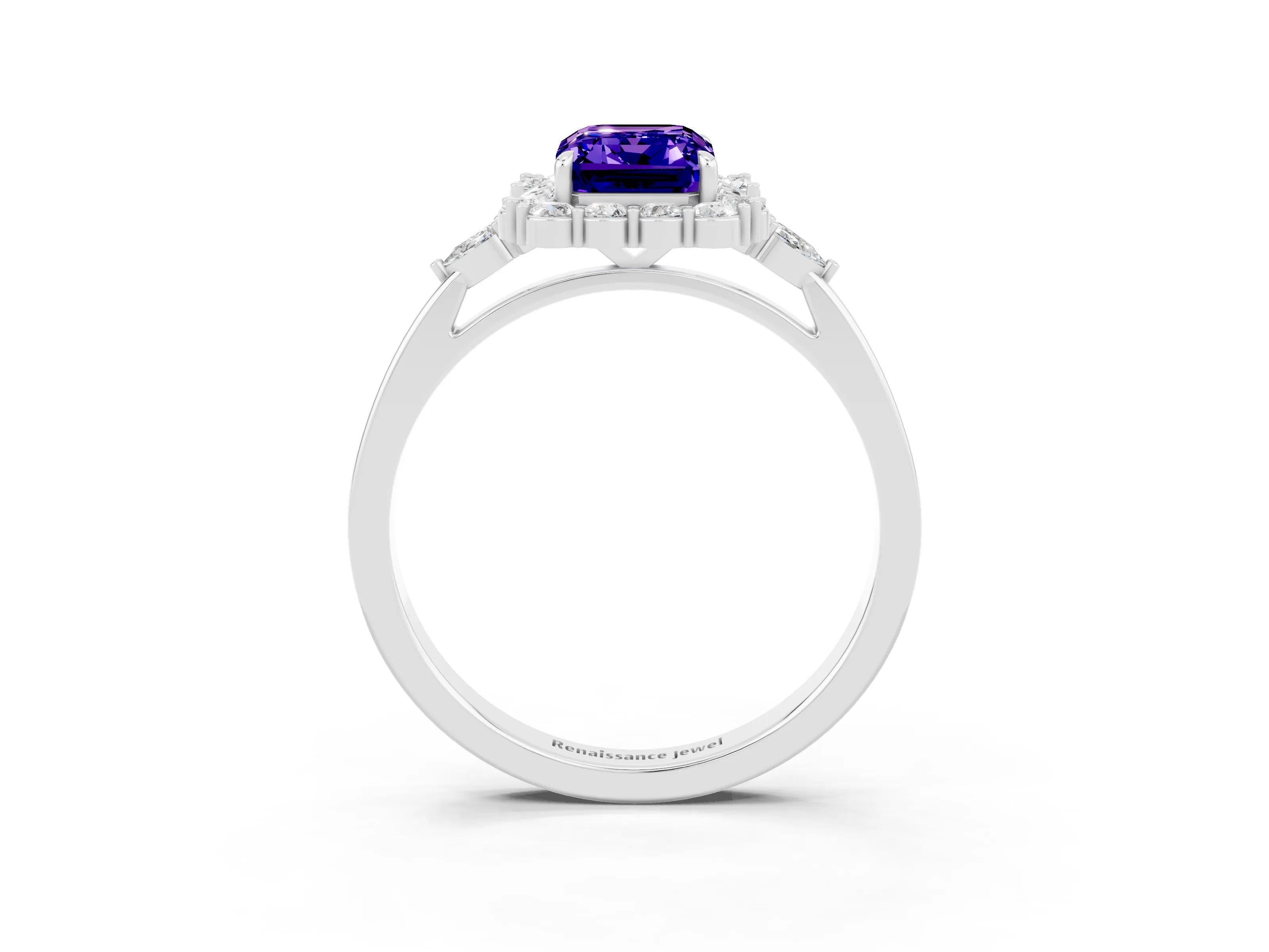 White gold Emerald Cut Tanzanite Halo Ring with Pear Side Stones and Prong Setting_27