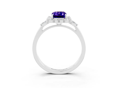 White gold Emerald Cut Tanzanite Halo Ring with Pear Side Stones and Prong Setting_27