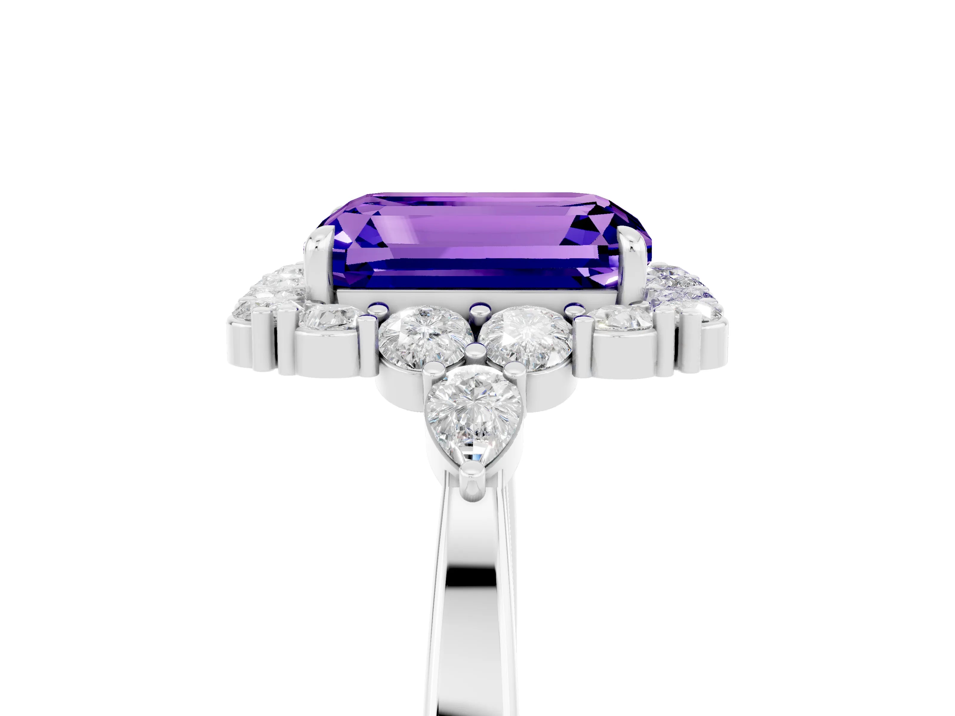 White gold Emerald Cut Tanzanite Halo Ring with Pear Side Stones and Prong Setting_29
