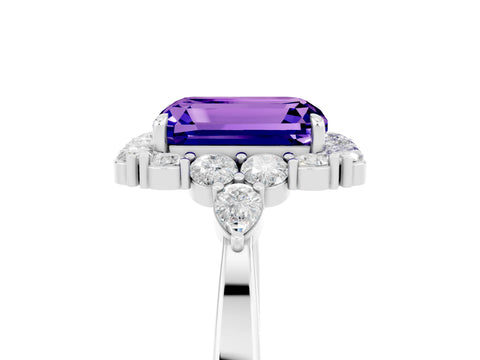 White gold Emerald Cut Tanzanite Halo Ring with Pear Side Stones and Prong Setting_29