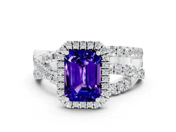 Platinum Emerald Cut Tanzanite Halo Ring with Round Split Shank and Prong Setting