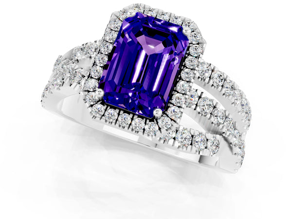 White gold Emerald Cut Tanzanite Halo Ring with Round Split Shank and Prong Setting