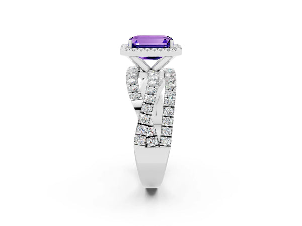 Platinum Emerald Cut Tanzanite Halo Ring with Round Split Shank and Prong Setting
