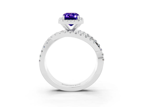 Platinum Emerald Cut Tanzanite Halo Ring with Round Split Shank and Prong Setting