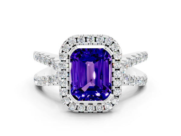 Platinum Emerald Cut Tanzanite Halo Ring with Split Shank Pavé Band and Prong Setting
