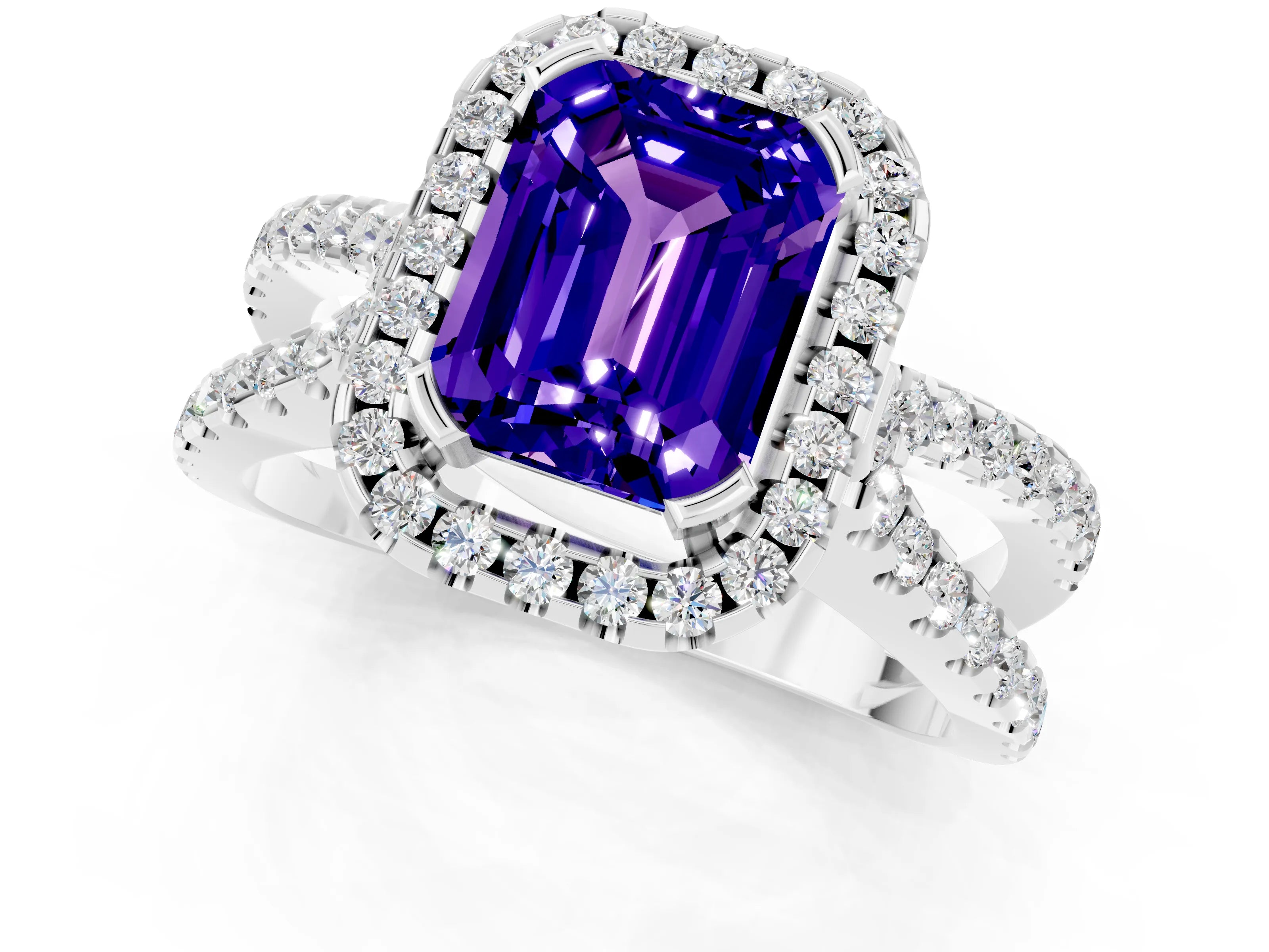 White gold Emerald Cut Tanzanite Halo Ring with Split Shank Pavé Band and Prong Setting_1