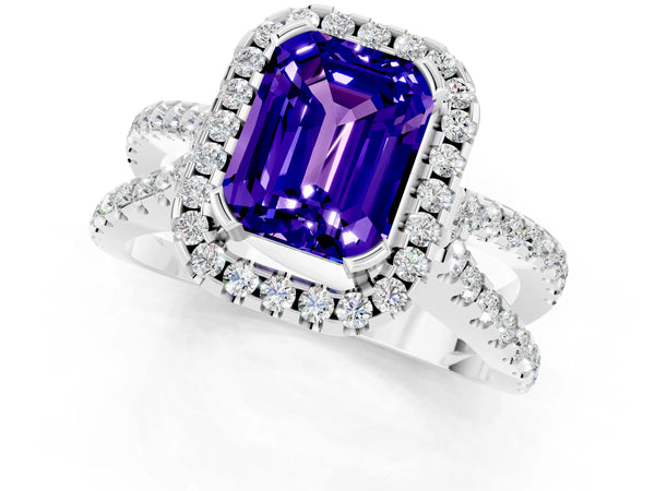 Silver Emerald Cut Tanzanite Halo Ring with Split Shank Pavé Band and Prong Setting