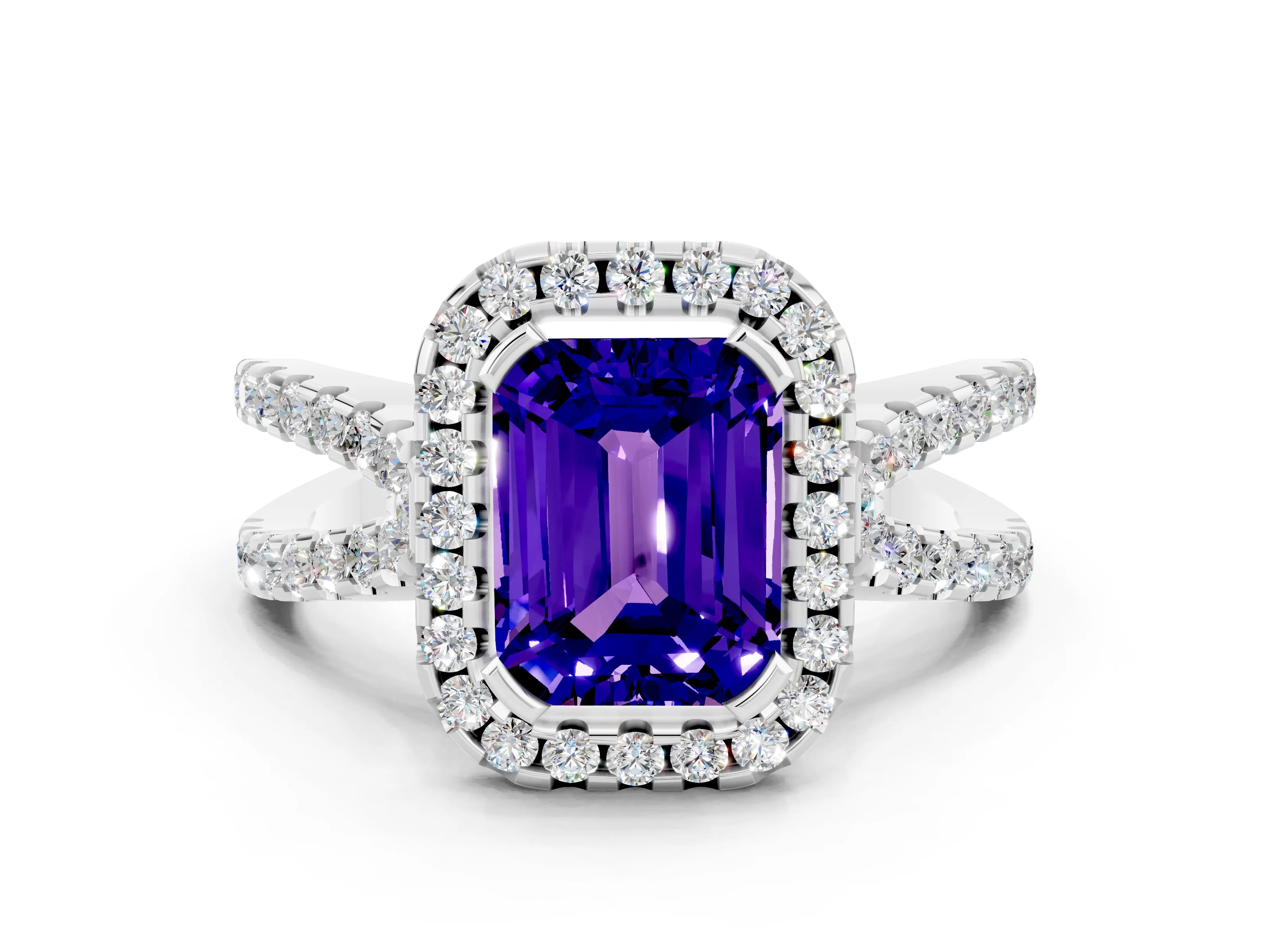 White gold Emerald Cut Tanzanite Halo Ring with Split Shank Pavé Band and Prong Setting