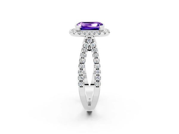 White gold Emerald Cut Tanzanite Halo Ring with Split Shank Pavé Band and Prong Setting