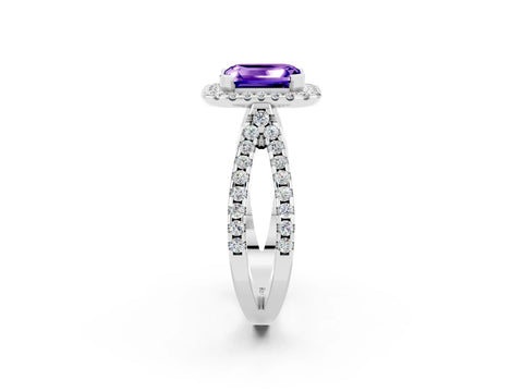 White gold Emerald Cut Tanzanite Halo Ring with Split Shank Pavé Band and Prong Setting_2