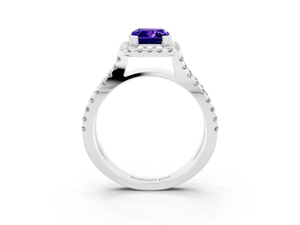 Platinum Emerald Cut Tanzanite Halo Ring with Split Shank Pavé Band and Prong Setting